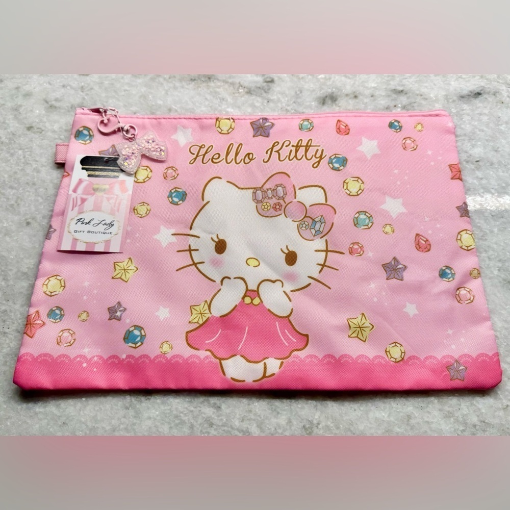 New Large Pink Hello Kitty Makeup Cosmetic Tech Pencil Bag w/ Bow Charm - 13.25”